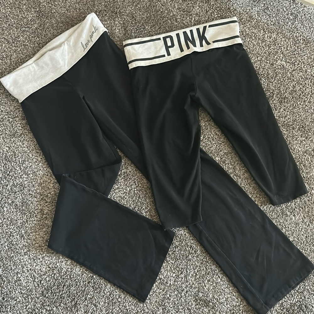 2 Pink Victoria’s Secret fold over yoga pants leggings one cropped one full